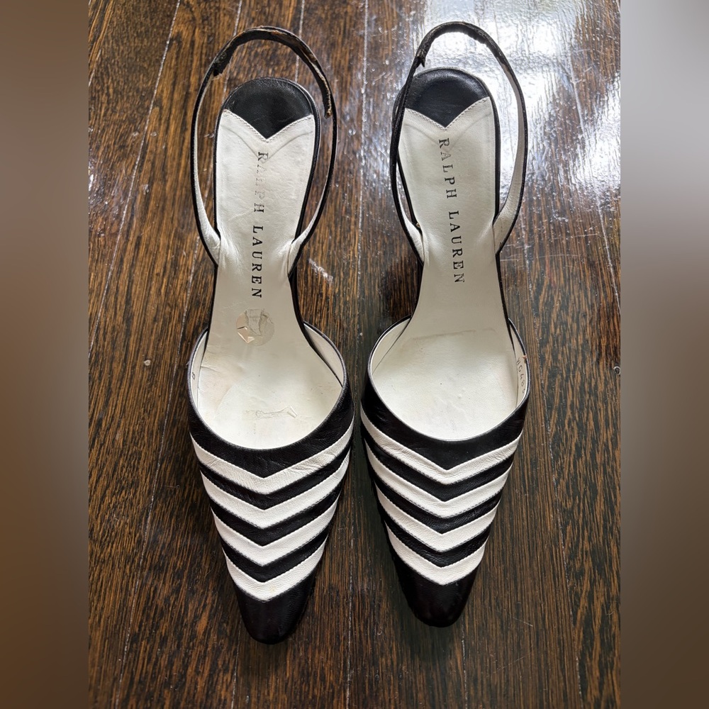 Ralph Lauren Black and White Chevron Striped Slingback Heels 6